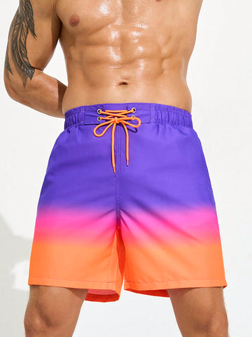 Men Gradient Drawstring Waist Summer Holiday Loose Beach Shorts