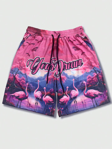 Men Flamingo Print Holiday Shorts, Hawaii Beach Shorts For Summer