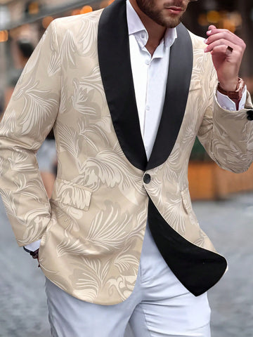 Men Color Block Turn-Down Collar Botanical Print Long Sleeve Business Travel Suit Jacket