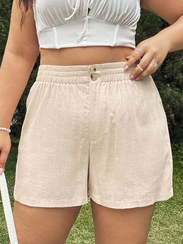 Plus Size Solid Color Elastic Waist Vacation And Leisure Shorts
