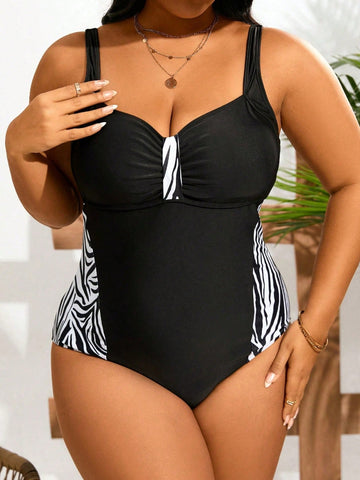 Plus Size One-Piece Swimsuit With Zebra Pattern For Summer, Beach, Pool