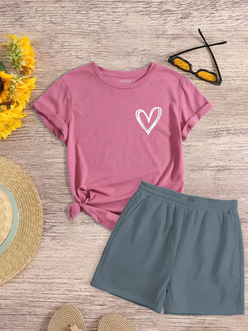 Women Love Heart Printed Short Sleeve Top And Solid Color Shorts, Summer Casual 2 Piece Set