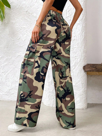 Women Camouflage Print Workwear Loose Straight Leg Casual Pants With Pockets