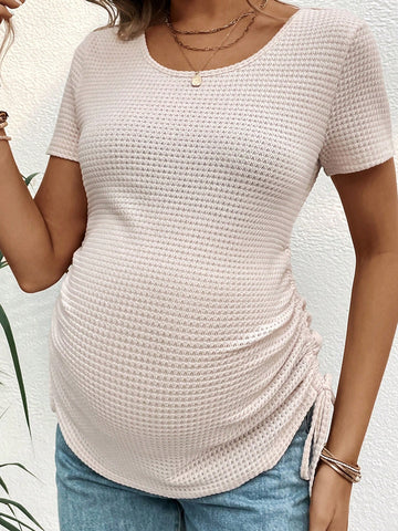 Maternity Solid Color Texture Side Drawstring T-Shirt For Summer