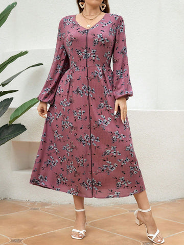 Plus Size Holiday Casual Flower Printed Lantern Sleeve Belted Dress