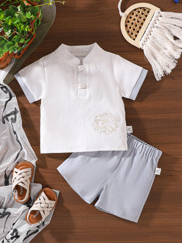 Baby Boy Summer Fashionable Retro Embroidery Comfortable And Breathable Two-Piece