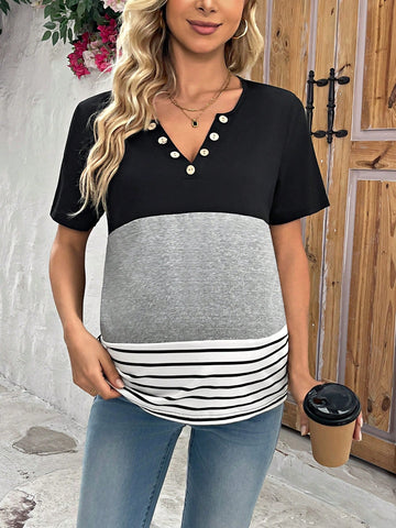 Maternity V-Neck False Button Decoration Color Block Short Sleeve T-Shirt