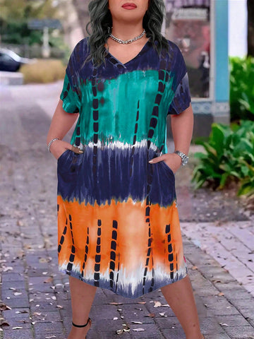 Plus Size Holiday Leisure Contrast Tie-Dye & Print Batwing Sleeve Dress