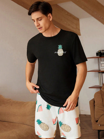 Men Fruit Print Short Sleeve Round Neck T-Shirt + Shorts Home Clothing Set