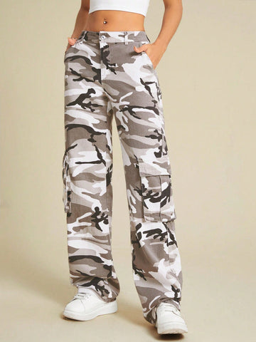 Women Fashion Camouflage Print Casual Denim Pants