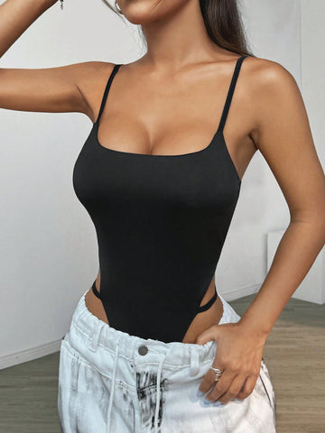 Women Summer Solid Color High-Cut Sexy And Simple Spaghetti Strap Bodysuit