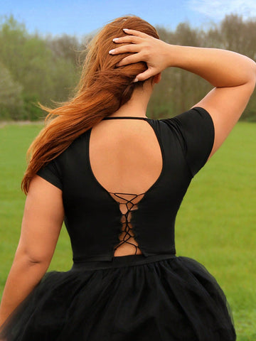 Plus Size Lace Up Backless Crop Tee Summer