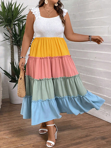 Plus Size Vacation Multicolor Splice Dress