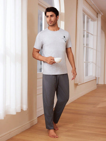 Men's Stapler & Letter Printed Top And Solid Color Long Pants Homewear Set