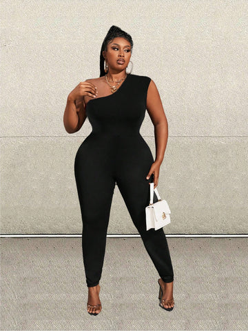 Plus Size Concert Outfits Stretch Knit Skinny Black One Shoulder Gathered Women's Jumpsuit