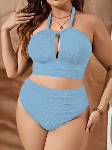Summer Beach Plus Size Women Fashion Solid Color Bikini Swimsuit Set