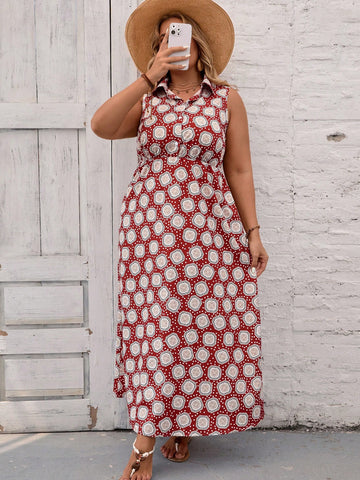 Plus Size Vacation Casual Full Printed Sleeveless Long Dress With Drawstring Waist