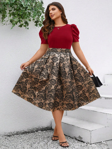 Plus Size Casual Solid Color Bubble Sleeve Top And Pleated A-Line Skirt Set For Spring/Summer