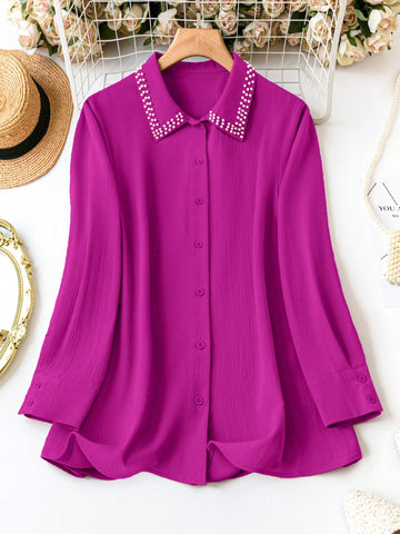 Plus Size Women Fashion Solid Color Pearl Decorated Long Sleeve Shirt