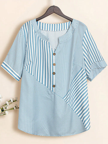 Fashionable Striped Woven Short Sleeve Top For Plus-Sized Women