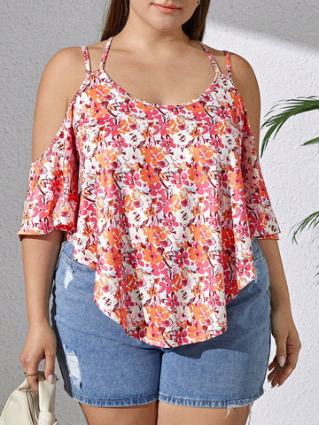 Plus Spring And Summer Vacation Off-Shoulder Spaghetti Strap Loose Fit T-Shirt With Wave Curve Hem And Printed Pattern
