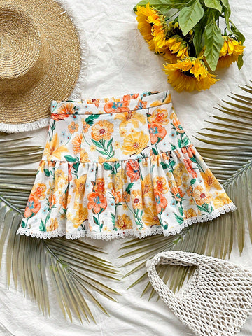 Women Vacation Summer Romantic Floral Printed Elastic Waist Ruffle Lace Hem Mini Skirt, Ideal For Wedding Season