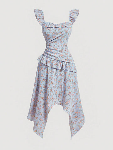 Blue Romantic Floral Print Ruffle Hem Irregular Hemline Cute Summer Dress