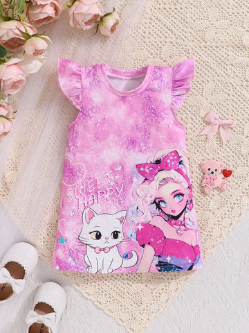 Baby Girl Cute Basic Daily Wear Printed Iridescent Effect Dress With Girls And Cats Pattern For Spring/Summer