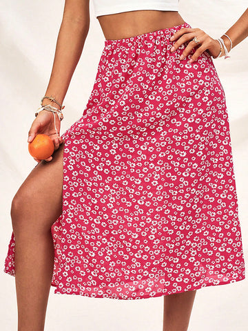Summer Holiday Ditsy Floral Printed Split Hem Skirt