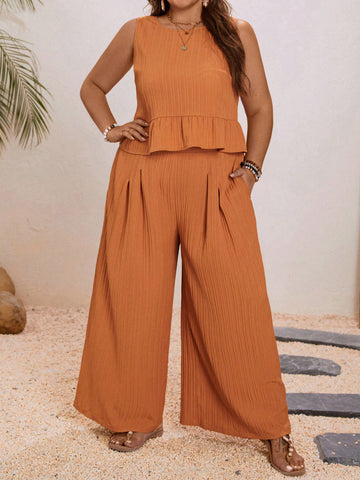 Plus Size Women Summer Ruffled-Hem Vacation Camisole Top And Loose Fit Pants Two Piece Set
