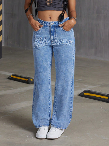Embroidered Water-Wash Straight-Leg Denim Pants With Pockets And Buttons