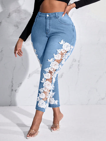 Plus Size Women\ Fashionable And Elegant Denim Pants With Floral Lace Patchwork And Insert Pockets