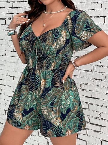 Plus Size Short Sleeve Jumpsuit With Sweetheart Neck For Vacation