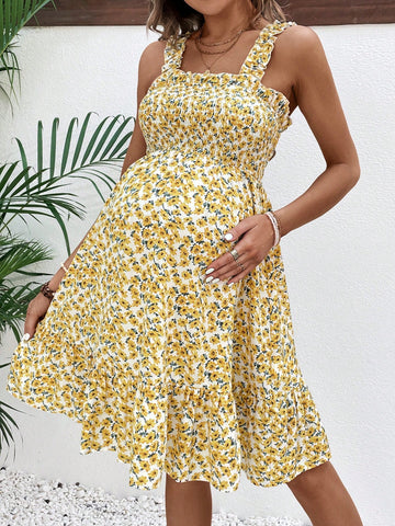 Maternity Fashionable Small Floral Print Strapless Dress