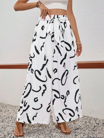 Women Wide Leg Fashionable Pants With Tie-Knot At Waist And Printed Line Pattern