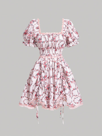 Pink Floral Printed Bubble Sleeve Princess Dress With Ruffle Hem And Bubble Sleeves