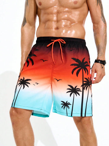 Men Coconut Tree Printed Drawstring Beach Shorts For Vacation Outfit