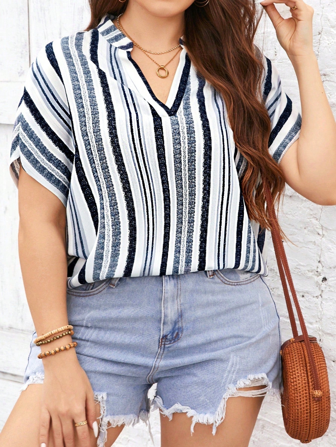 Plus Size Loose Casual Summer Shirt With Random Striped Print And Notched Collar