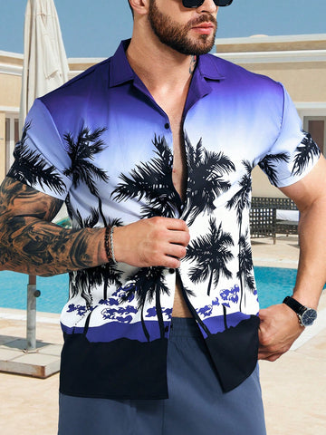 Men Fashionable Summer Holiday Style Ombre Coconut Tree Printed Short Sleeve Shirt