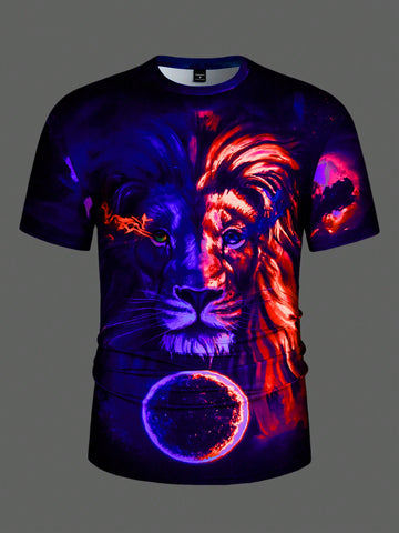 Men Casual Summer 3D Lion Printed Knit T-Shirt