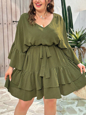 Leisure Holiday Music Festival  Green Bell Sleeve Double Layer Ruffle Hem Comfortable Plus Size Short Dress