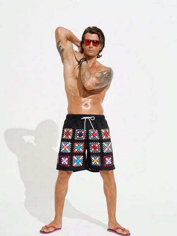 Men Fashionable Loose Fit Mosaic Printed Colorful Beach Shorts