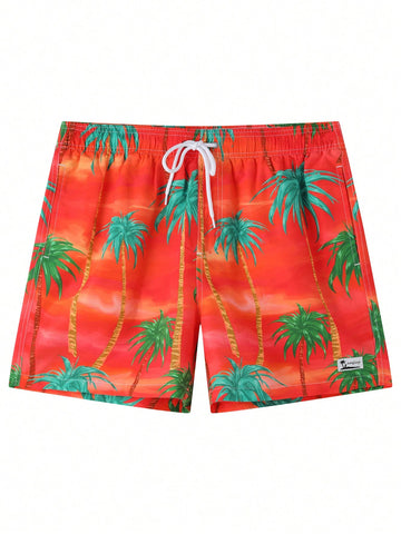 Men Casual Vacation Beach Coconut Tree Print Tie-Dye Swim Shorts