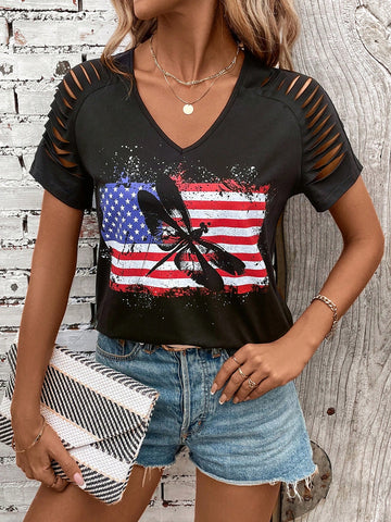 Women Independence Day American Flag Black Distressed T-Shirt Summer
