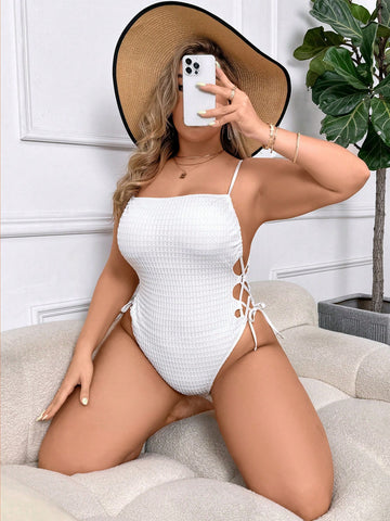 Plus Size Summer Beach Monochrome One-Piece Swimsuit For Vacation With Straps