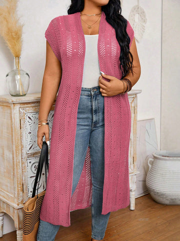 Plus Size Spring/Summer Loose Long Open Front Batwing Sleeve Cardigan With Hollow Out Design