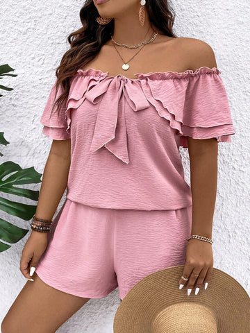 Plus Size Summer Vacation Leisure Solid Color Off Shoulder Ruffle Trim Blouse And Shorts Set