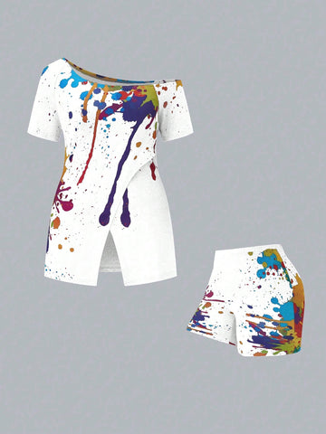 Plus Size Asymmetrical Neck Printed Casual T-Shirt And Shorts Two-Piece Set For Spring/Summer