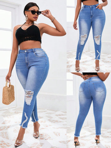 Plus Size Women's Fashionable Summer High Stretch Slim Fit Ripped Small Feet Jeans