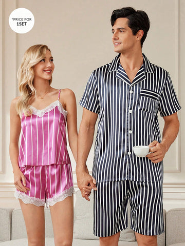 Men's Stripe Collar Flip Front Pockets Homewear Set